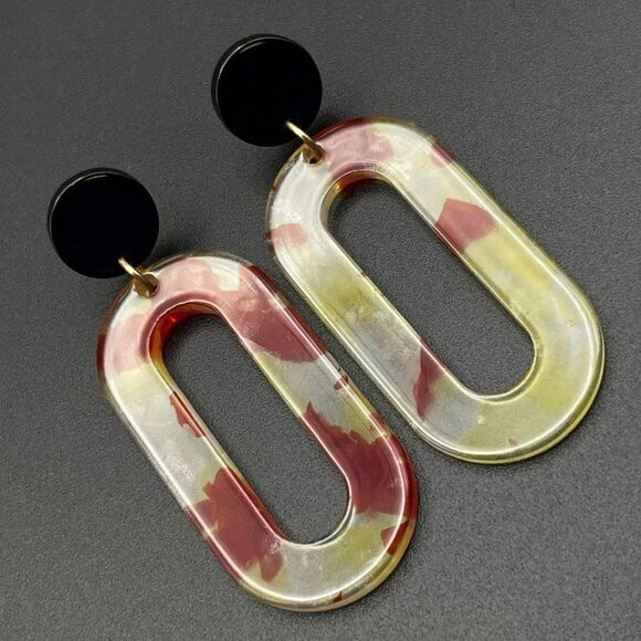 Black with Red and Yellow Marble Swirl Acrylic Open Oval Hoop Post Back Earrings - Picture 1 of 9